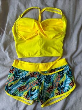Yellow Tankini Top & Tropical Print Swim Shorts